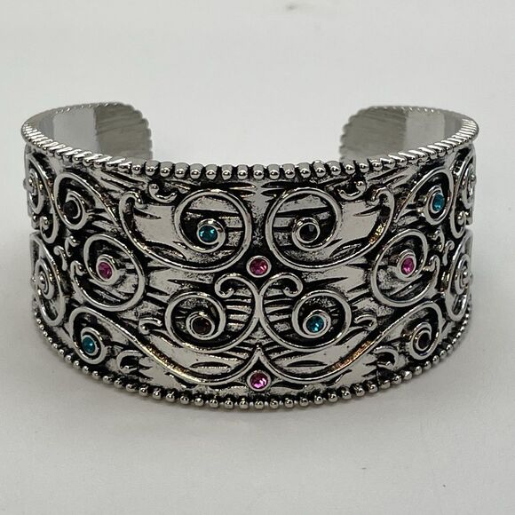 Silver Tone Metal Multicolor Rhinestone Cuff Bracelet Statement Boho Embossed - Picture 2 of 6